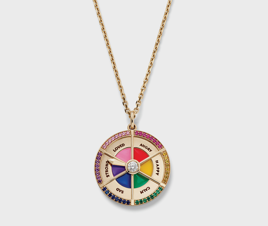 14k yellow gold pendant necklace with enamel and lab-created gemstones (rubies, emeralds, sapphires, citrine and amethyst).